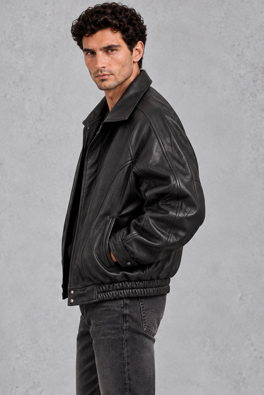 Men's black panelled bomber jacket with stand collar, zip front and elasticated hem