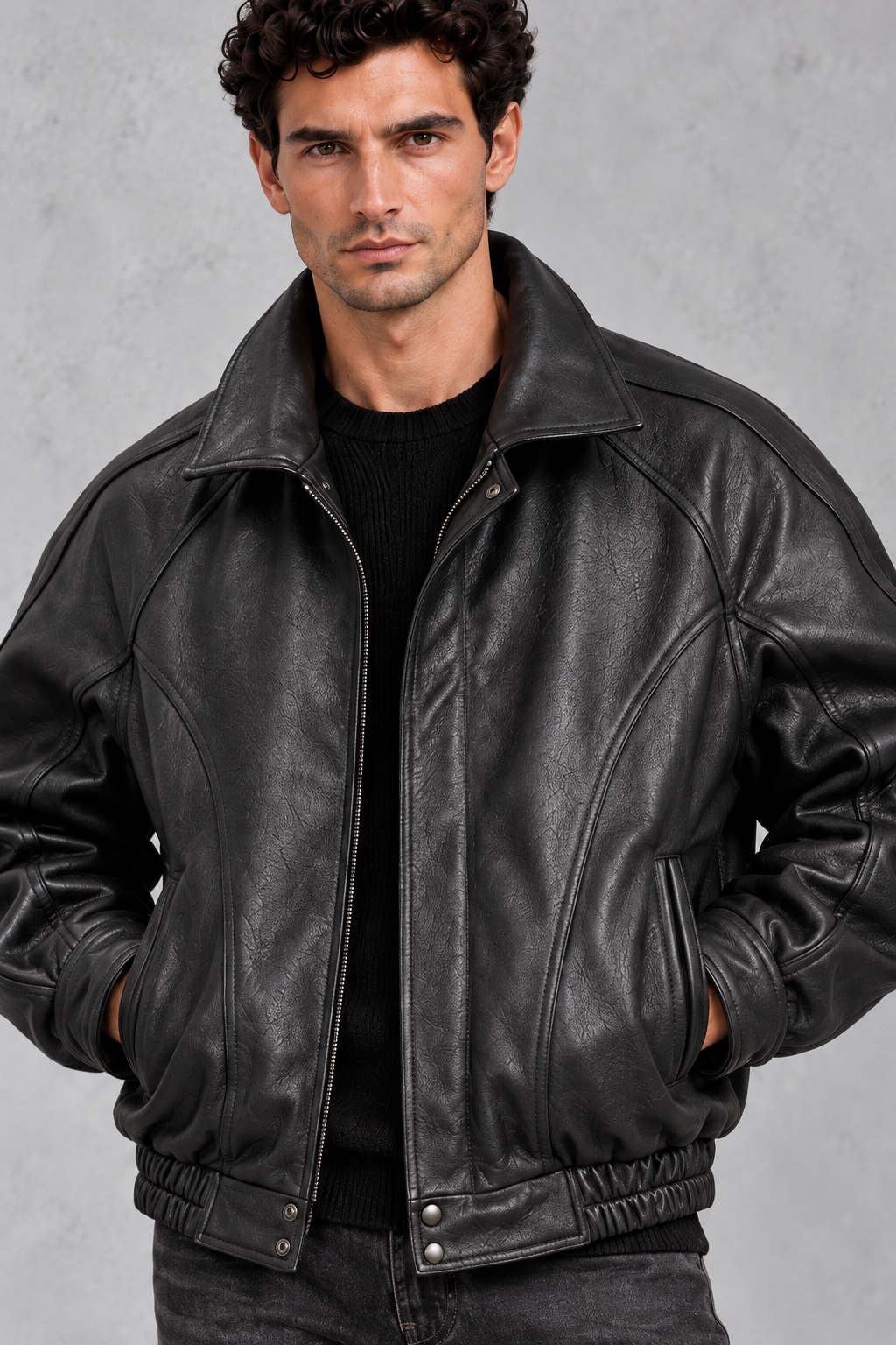 Men's black panelled bomber jacket with stand collar, zip front and elasticated hem