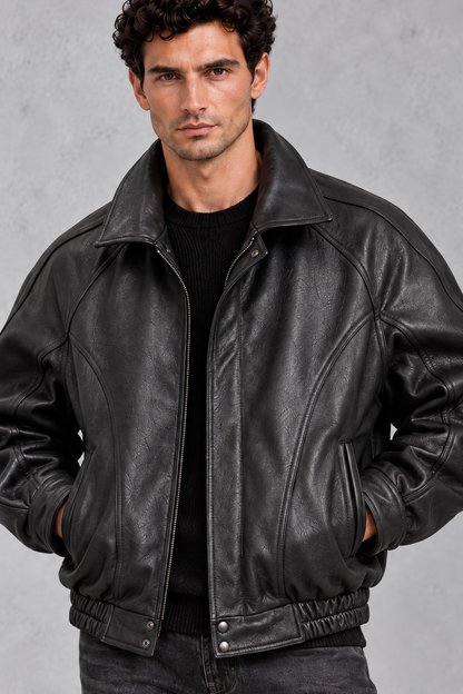 Men's black panelled bomber jacket with stand collar, zip front and elasticated hem