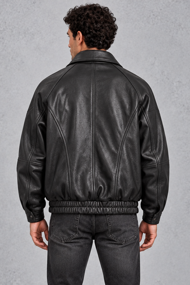 Men's black panelled bomber jacket with stand collar, zip front and elasticated hem