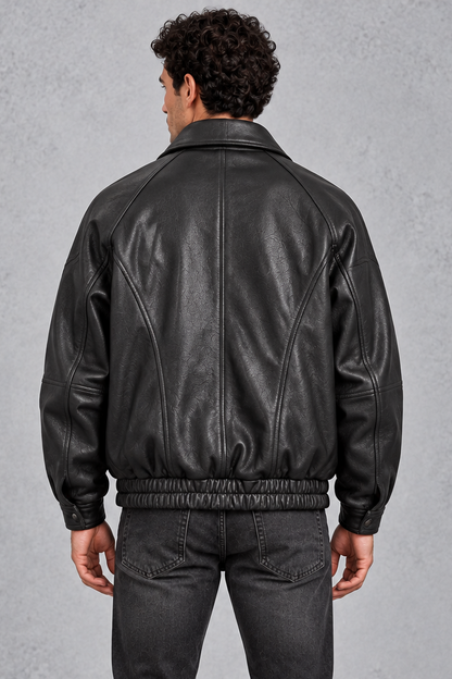 Men's black panelled bomber jacket with stand collar, zip front and elasticated hem