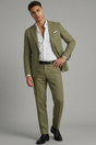 Men's two-piece suit with notch-lapel jacket, buttoned front and matching straight-leg trousers