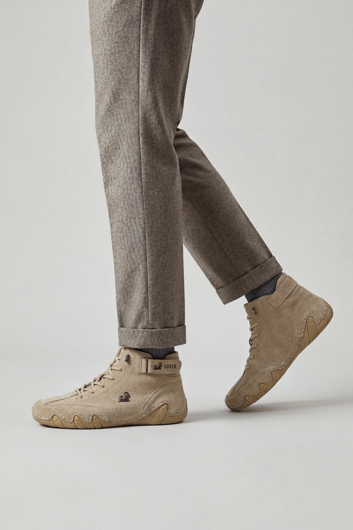 High-top lace-up sneakers with ankle strap and thick sculpted sole