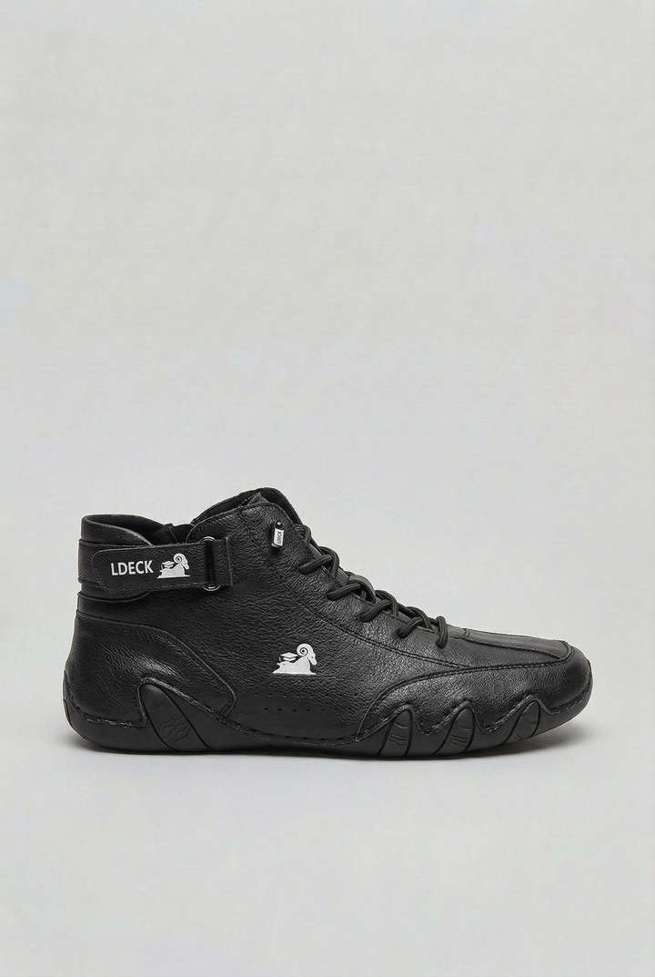 High-top lace-up sneakers with ankle strap and thick sculpted sole