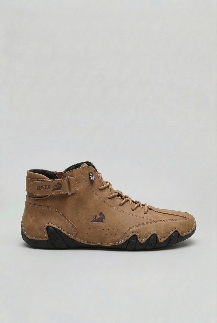High-top lace-up sneakers with ankle strap and thick sculpted sole