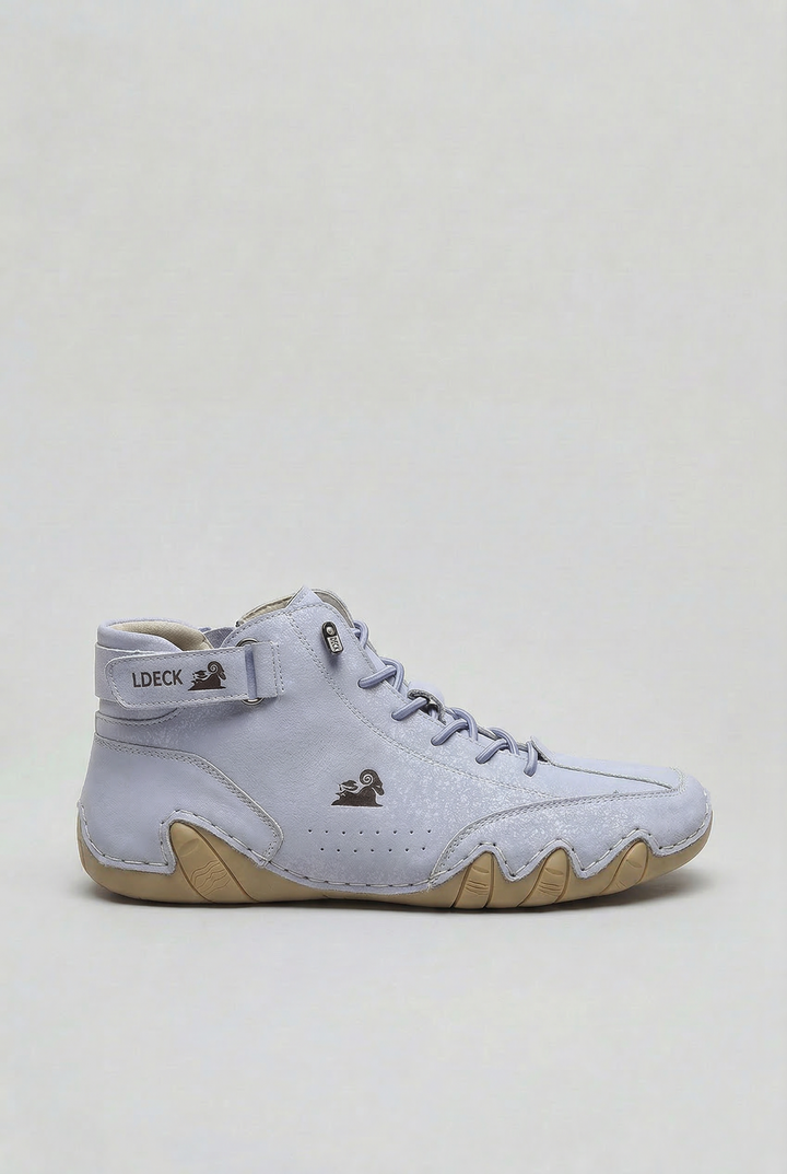High-top lace-up sneakers with ankle strap and thick sculpted sole