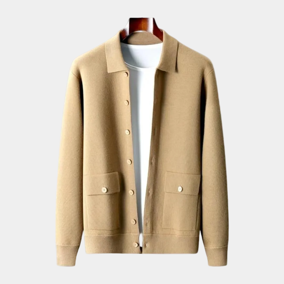 Men's long sleeve button front cardigan with shirt collar and flap patch pockets