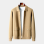 Men's long sleeve button front cardigan with shirt collar and flap patch pockets