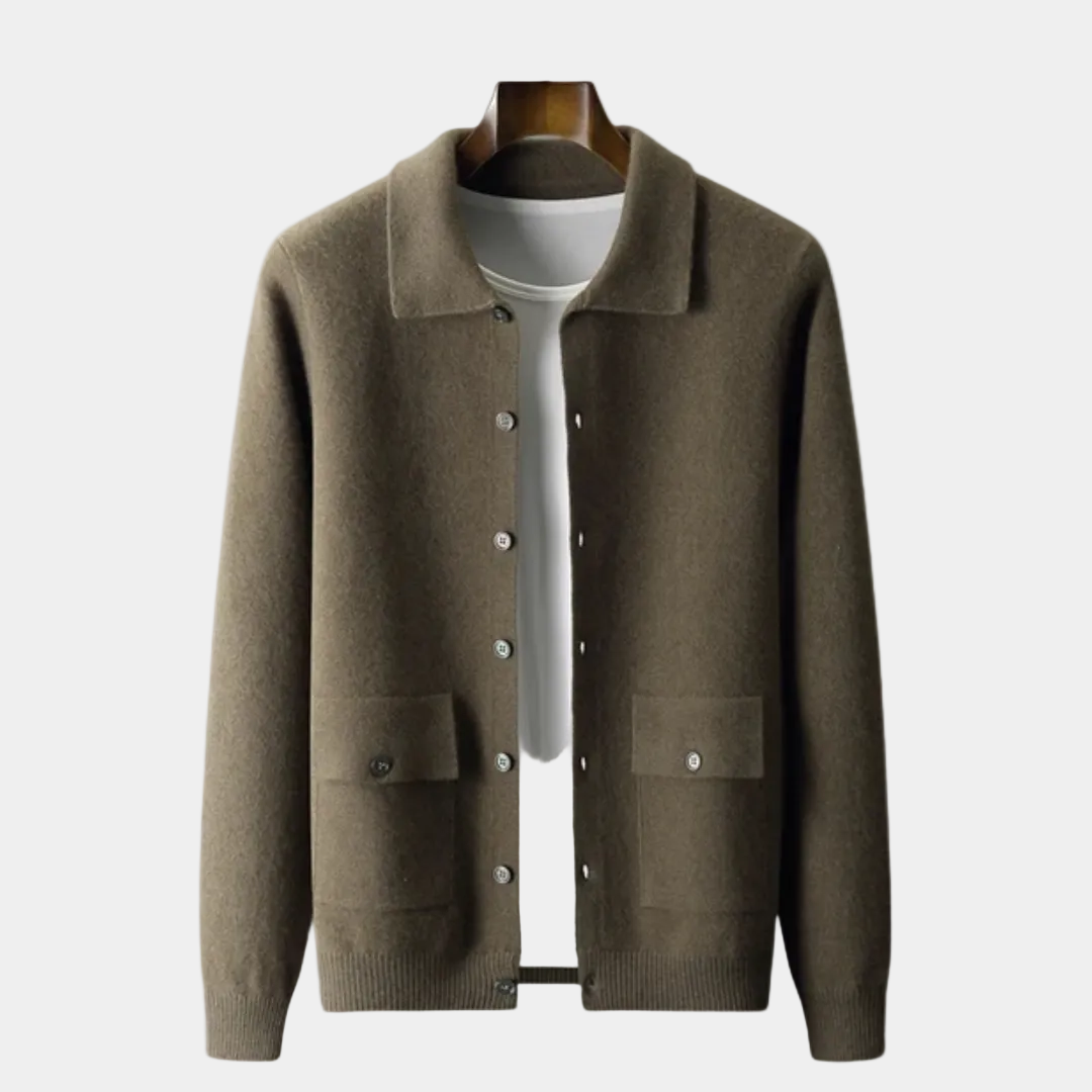 Men's long sleeve button front cardigan with shirt collar and flap patch pockets