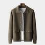 Men's long sleeve button front cardigan with shirt collar and flap patch pockets