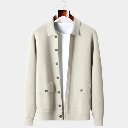 Men's long sleeve button front cardigan with shirt collar and flap patch pockets