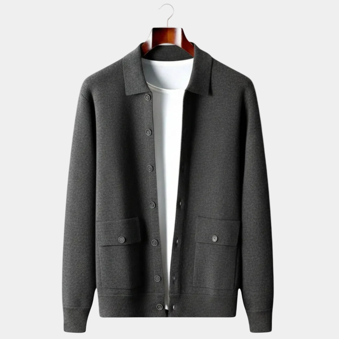 Men's long sleeve button front cardigan with shirt collar and flap patch pockets