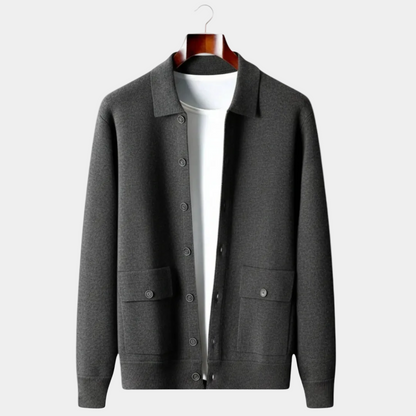 Men's long sleeve button front cardigan with shirt collar and flap patch pockets