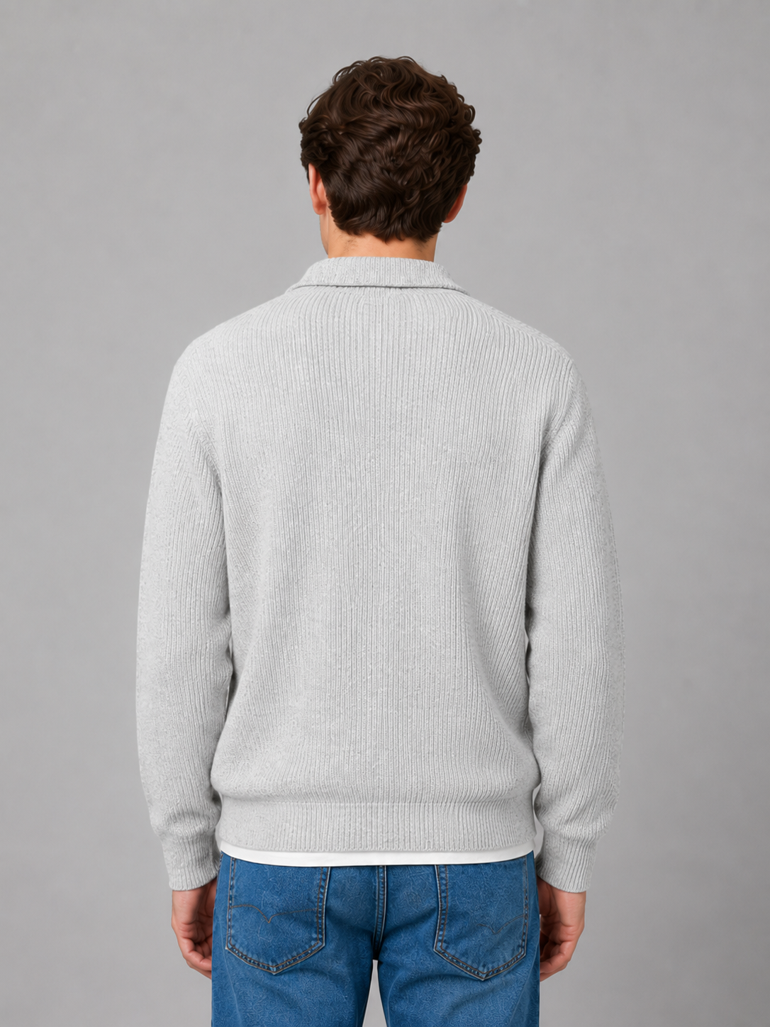 Men's ribbed polo knit jumper with collar, button placket and long sleeves
