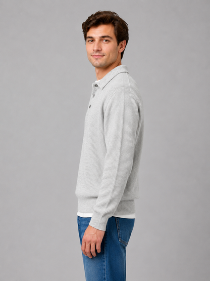 Men's ribbed polo knit jumper with collar, button placket and long sleeves