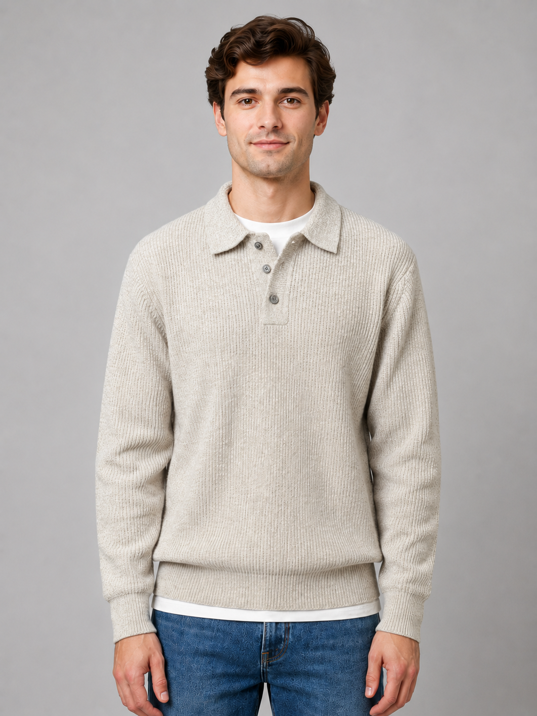 Men's ribbed polo knit jumper with collar, button placket and long sleeves