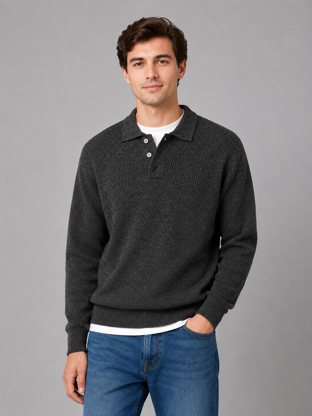 Men's ribbed polo knit jumper with collar, button placket and long sleeves