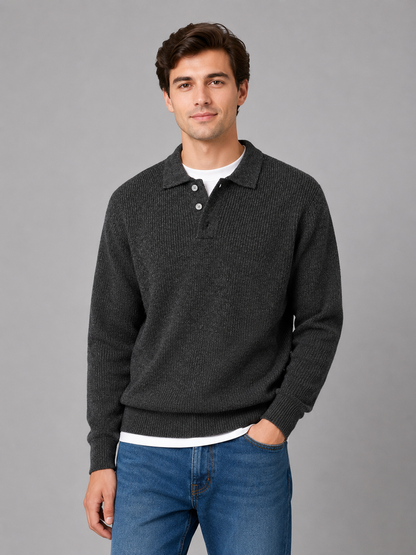 Men's ribbed polo knit jumper with collar, button placket and long sleeves