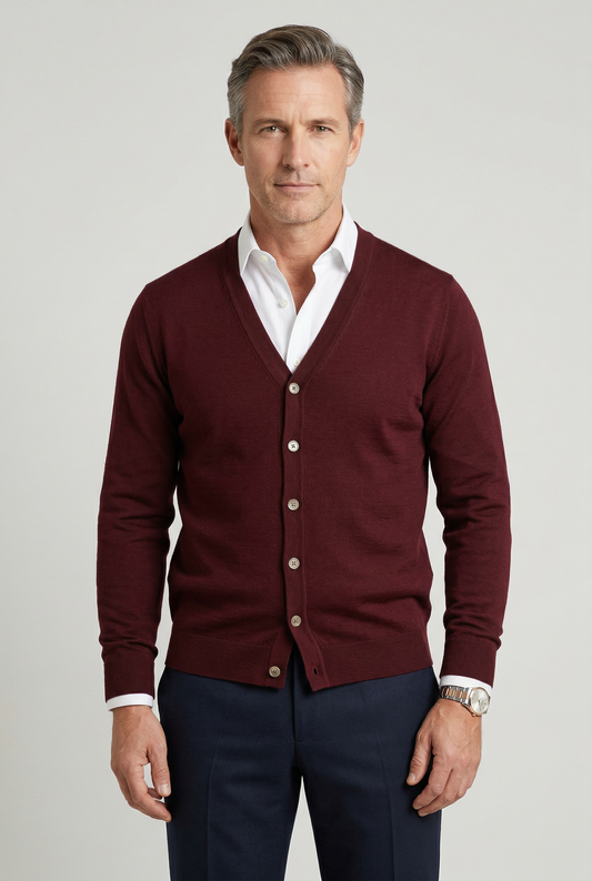 Men's long-sleeve V-neck button cardigan with ribbed trims