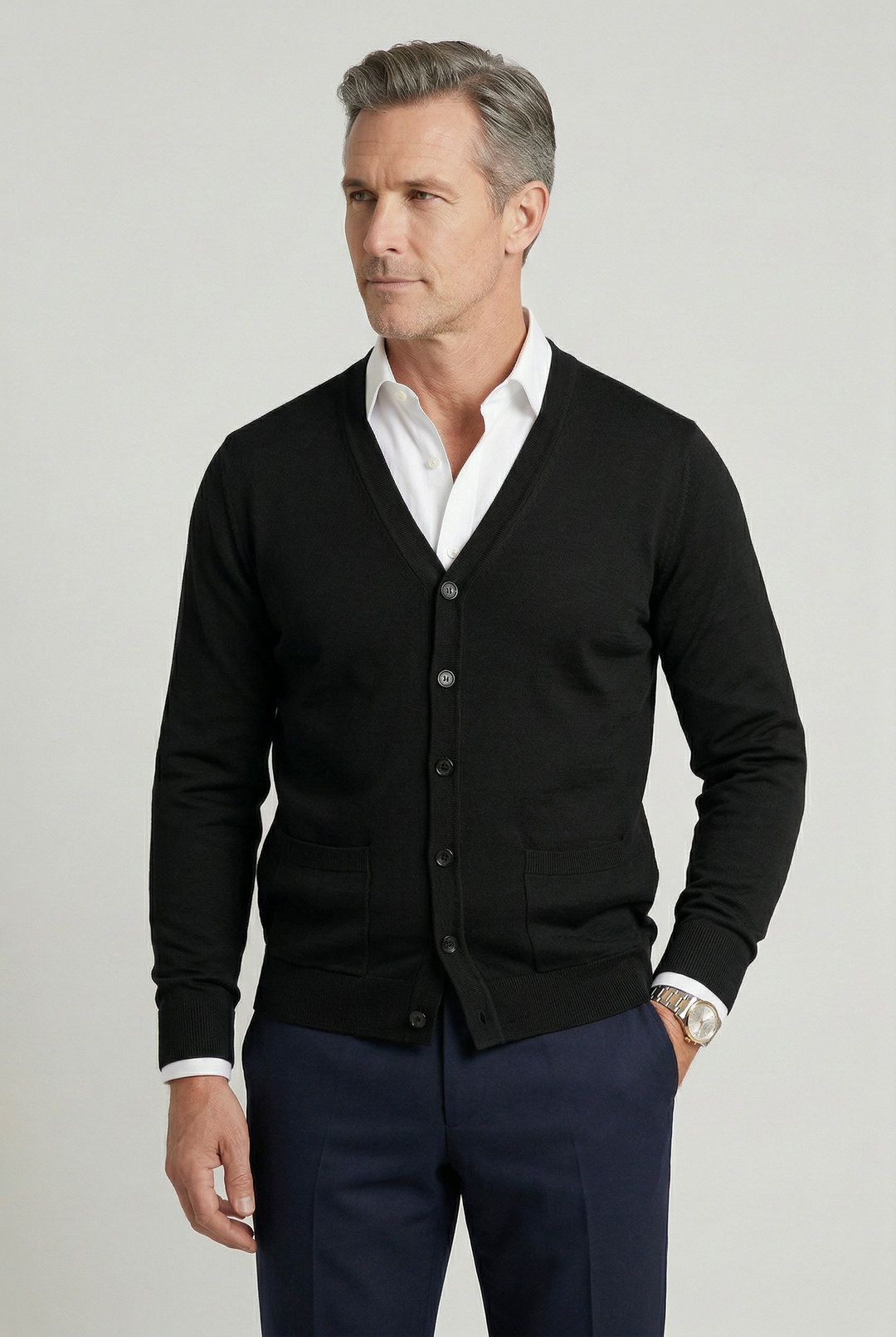 Men's long-sleeve V-neck button cardigan with ribbed trims