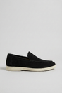 Men's round toe slip-on loafers with stitched uppers and flat textured soles