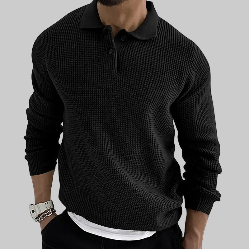 Men's textured long sleeve sweater with polo collar and button placket