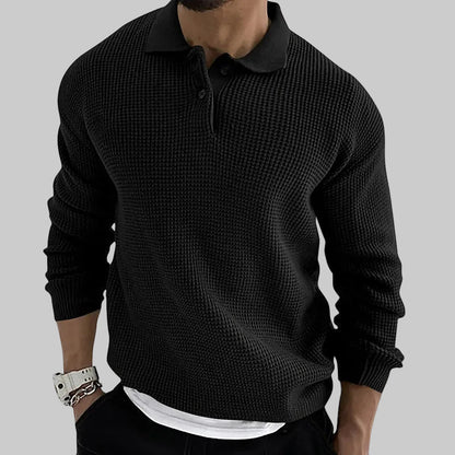 Men's textured long sleeve sweater with polo collar and button placket