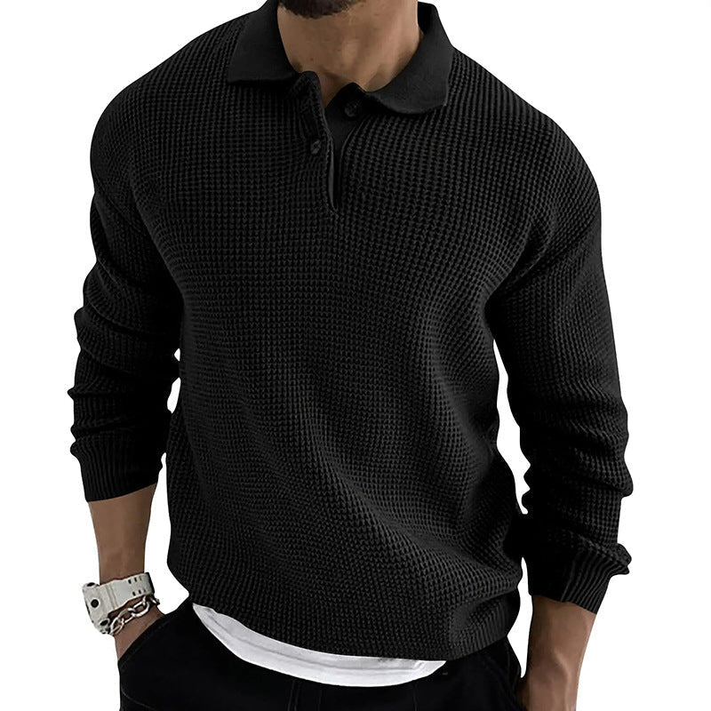 Men's textured long sleeve sweater with polo collar and button placket