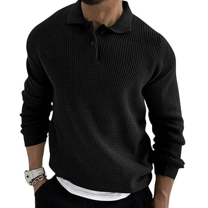 Men's textured long sleeve sweater with polo collar and button placket