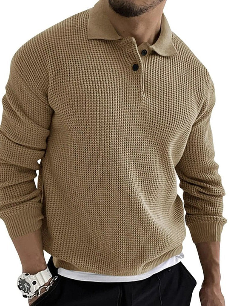 Men's textured long sleeve sweater with polo collar and button placket