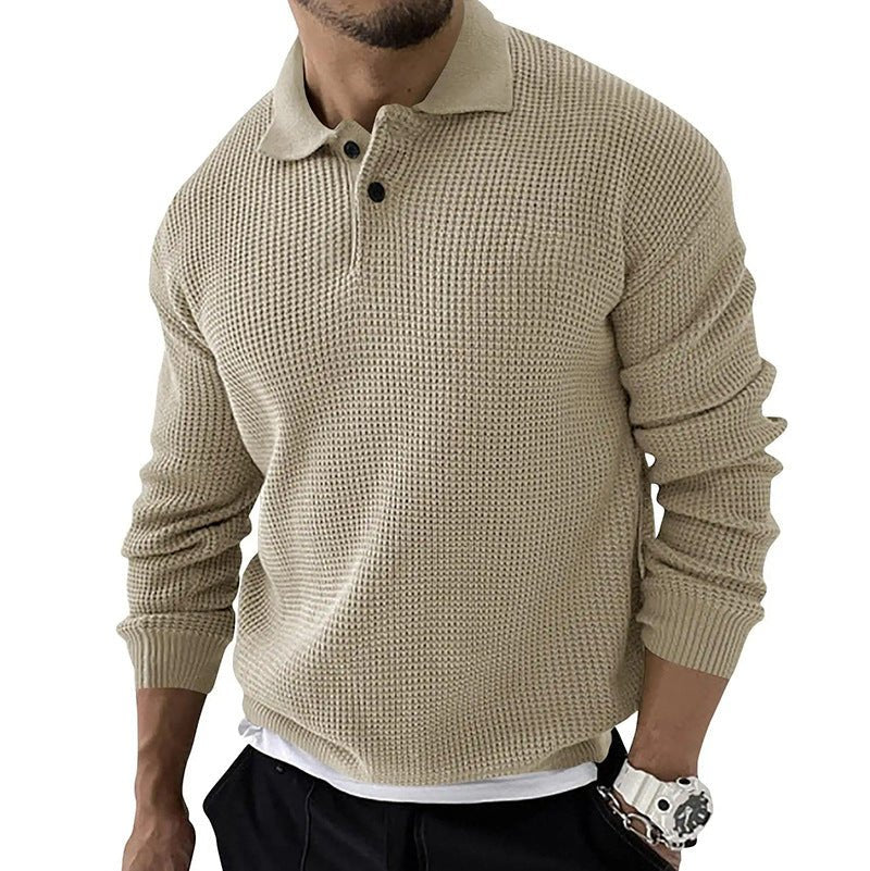 Men's textured long sleeve sweater with polo collar and button placket