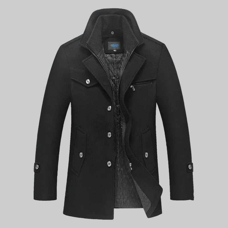 Men's long structured coat with stand collar, button front and quilted lining