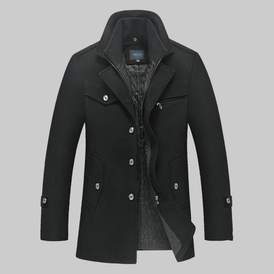 Men's long structured coat with stand collar, button front and quilted lining