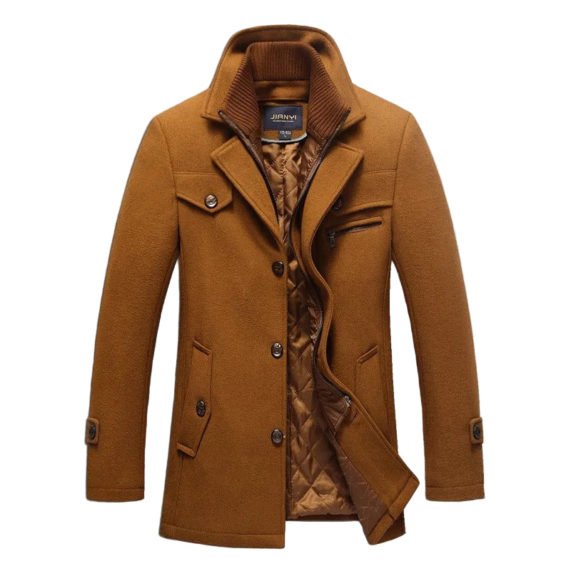 Men's long structured coat with stand collar, button front and quilted lining