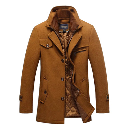 Men's long structured coat with stand collar, button front and quilted lining