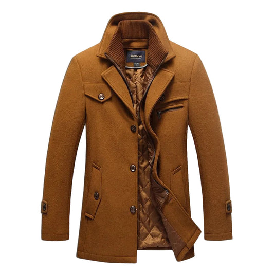 Men's long structured coat with stand collar, button front and quilted lining