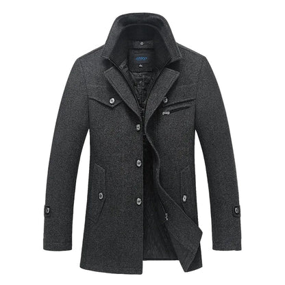 Men's long structured coat with stand collar, button front and quilted lining