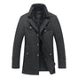 Men's long structured coat with stand collar, button front and quilted lining