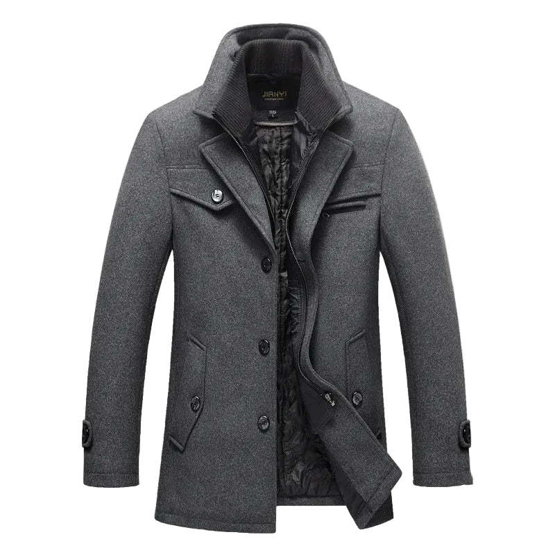 Men's long structured coat with stand collar, button front and quilted lining
