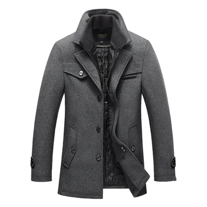Men's long structured coat with stand collar, button front and quilted lining