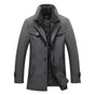 Men's long structured coat with stand collar, button front and quilted lining