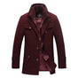 Men's long structured coat with stand collar, button front and quilted lining