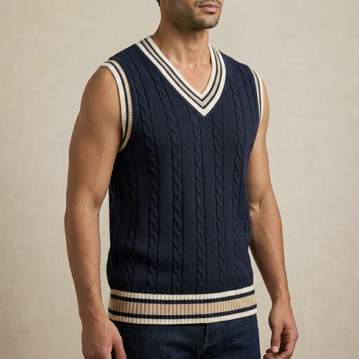 Men's sleeveless V-neck cable knit sweater vest