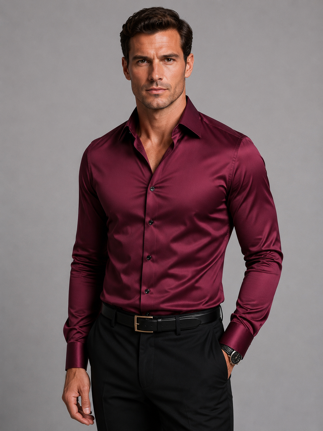 Men's slim fit long-sleeve button-front shirt with pointed collar