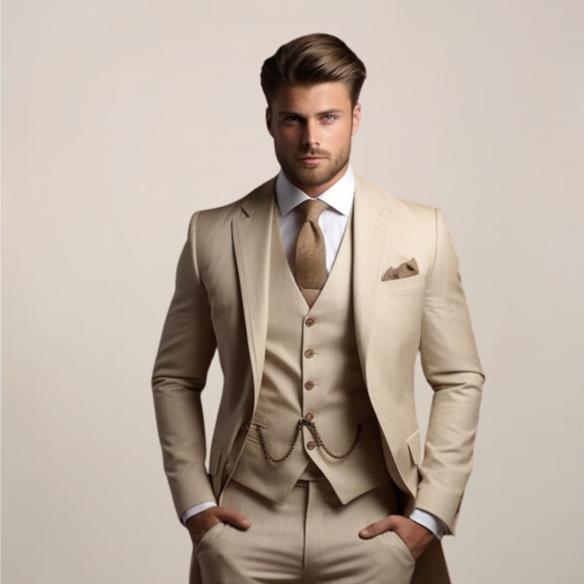 Men's three piece suit with notch lapel jacket, buttoned waistcoat and matching trousers