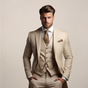 Men's three piece suit with notch lapel jacket, buttoned waistcoat and matching trousers