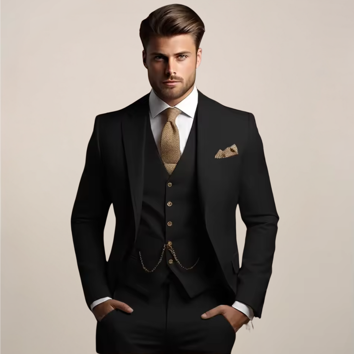 Men's three piece suit with notch lapel jacket, buttoned waistcoat and matching trousers