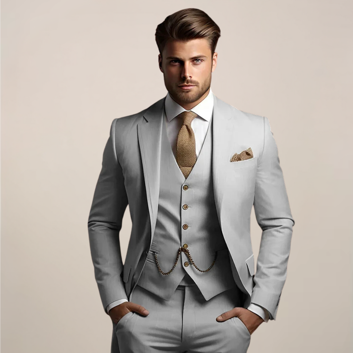 Men's three piece suit with notch lapel jacket, buttoned waistcoat and matching trousers