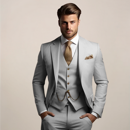 Men's three piece suit with notch lapel jacket, buttoned waistcoat and matching trousers