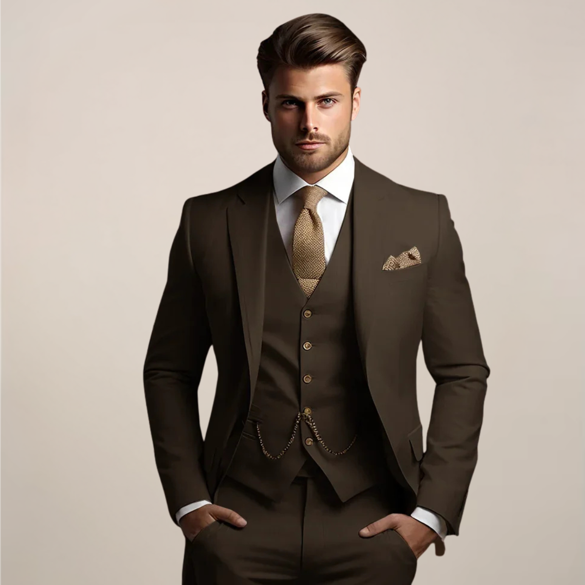 Men's three piece suit with notch lapel jacket, buttoned waistcoat and matching trousers